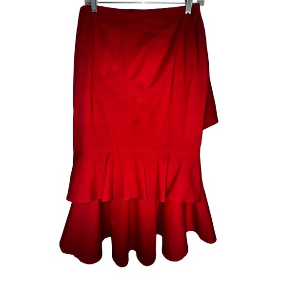 Red Asymmetrical Ruffle Hem Midi Skirt Scripted Small Pinup Sexy‎ Bodycon Glam - Picture 2 of 5